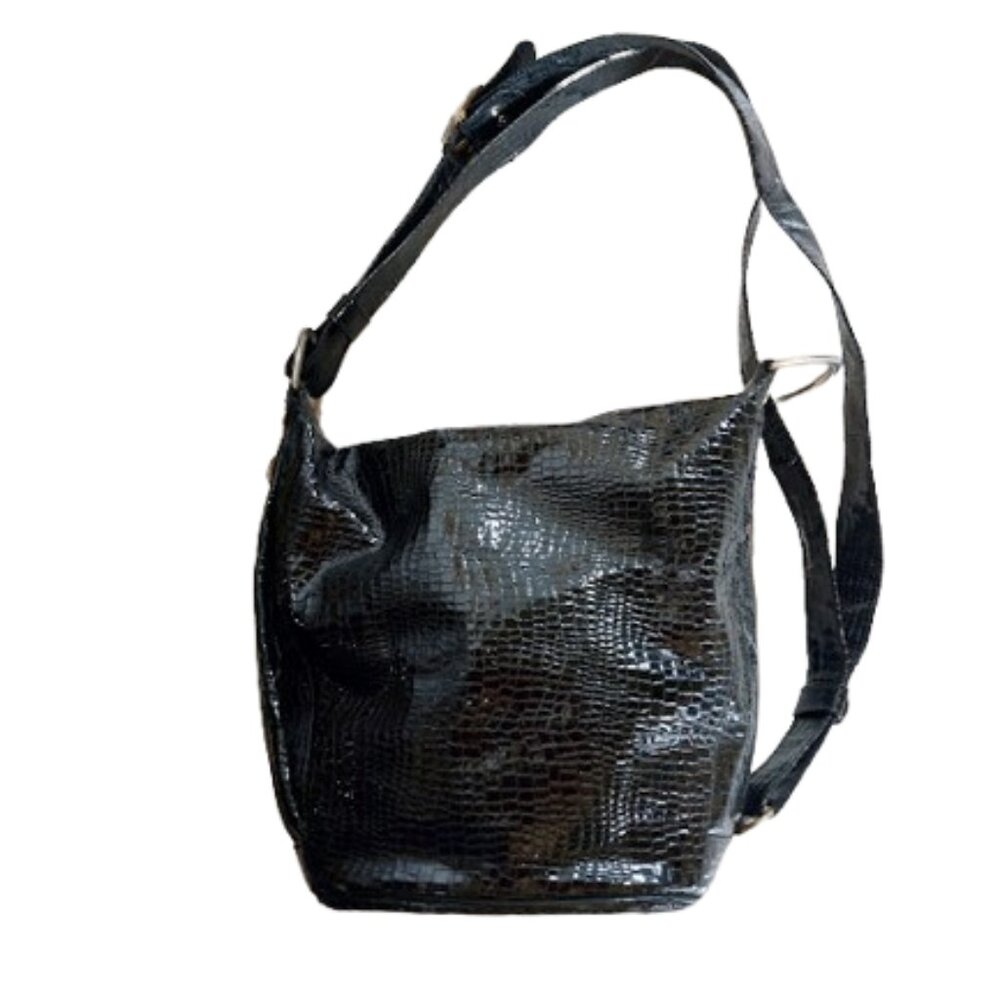 Black Lacquered Look Faux Snake Skin Shoulder Bag